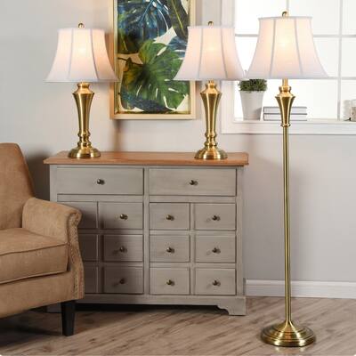 StyleCraft Brass Wood Floor and Table Lamp Set - Geneva White Fabric Shade (Set of 3)