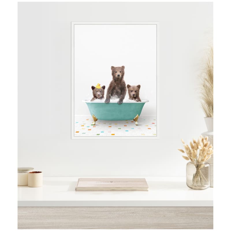 Kate and Laurel Sylvie Three Bear Cubs in Teal Bathtub on Colored Tile Framed Canvas by Amy Peterson