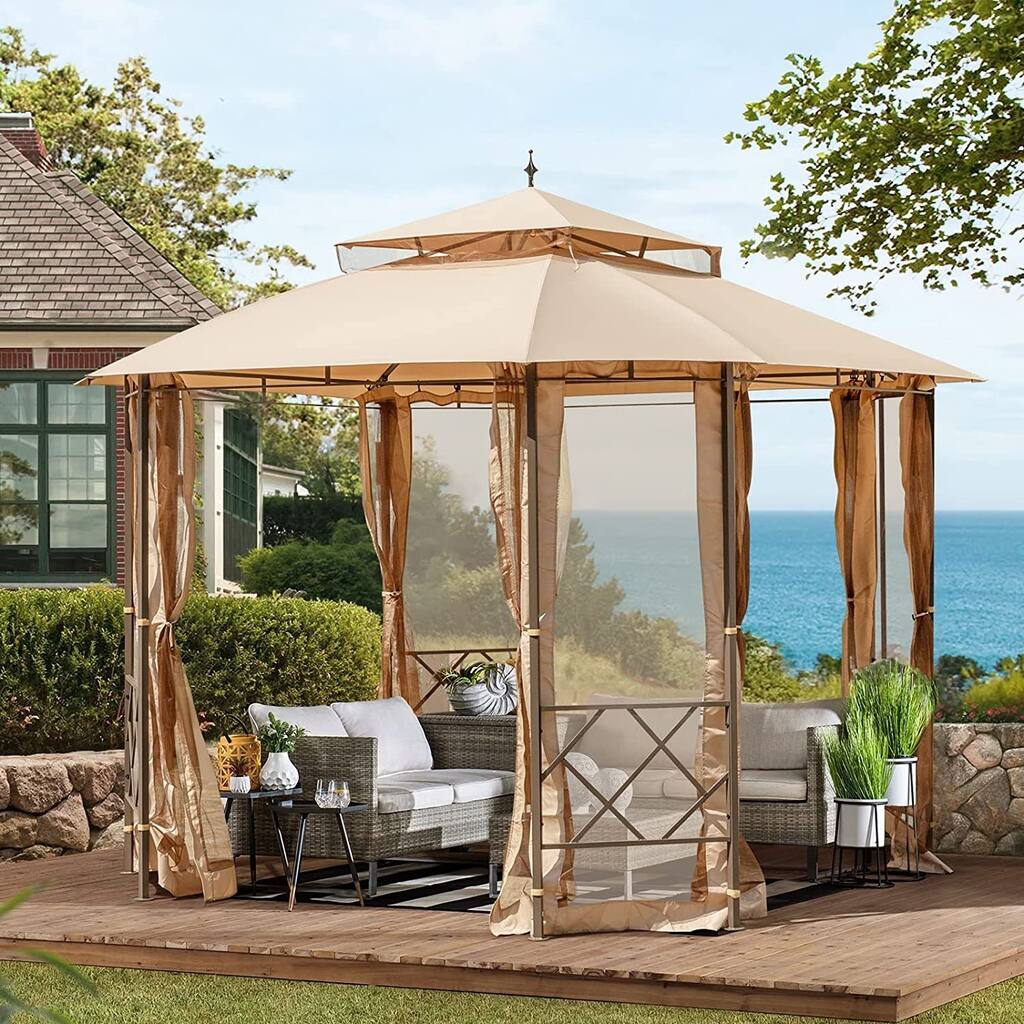 EROMMY Outdoor Canopy Gazebo, Patio Hexagonal Gazebo with Mosquito Netting, Canopy Tent with Waterproof Double Roof Tops
