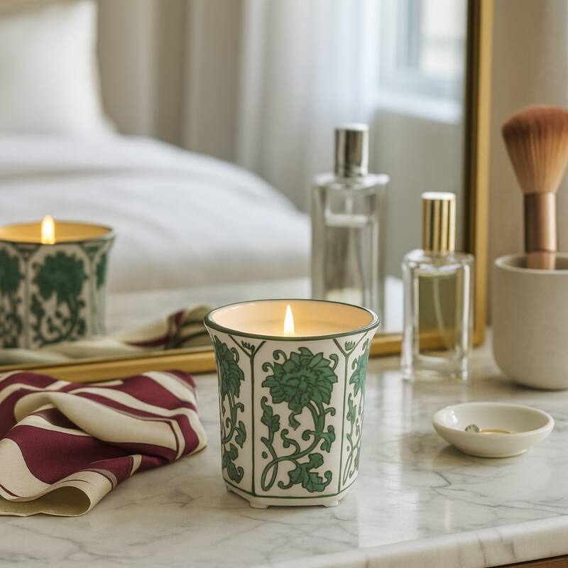 Modern Chinoiserie Ceramic Candle - Lavender Verbena Scented - 4.0"