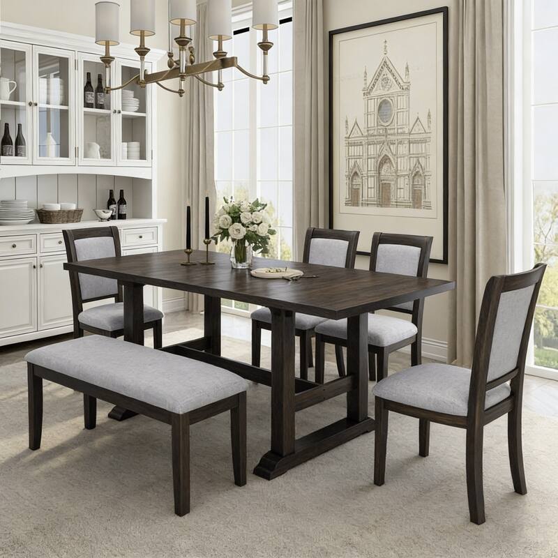 76.9" Extendable Dining Table with 4 Upholstered Chair and 1 Bench
