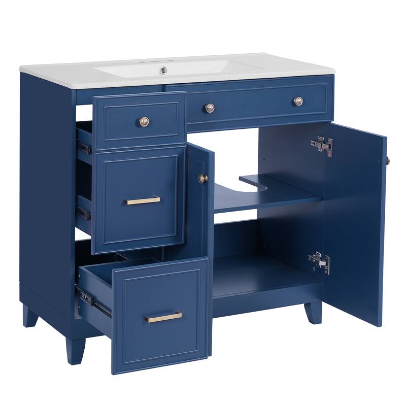 Bathroom Vanity Storage Cabinet with Standard and Double-Layer Drawers, Groove Design Soft Close Doors and Adjustable Shelf