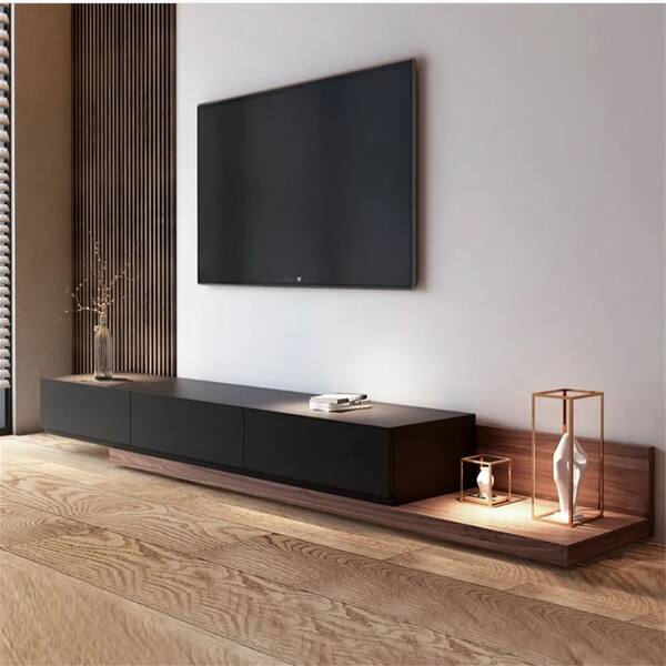 slide 2 of 13, Modern Wooden TV Stand, Retractable Media Console for up to 85" TV 83 inches in width - Black