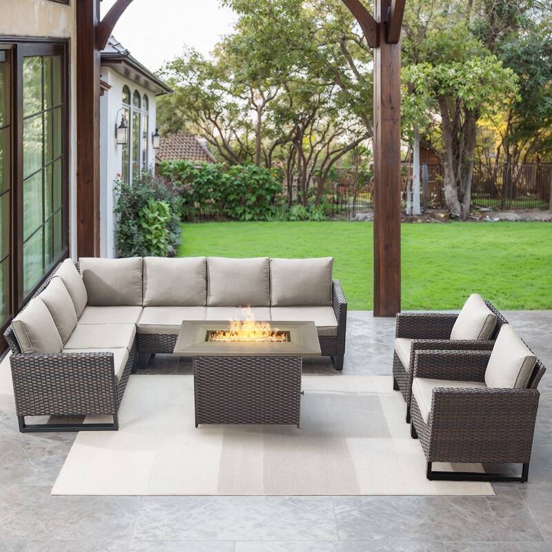 Gymojoy L-Shaped Outdoor Corner Sectional Sofa 6-seats Couch Conversation Set - 4 PCS - Fire Pit & Club Chairs - Brown Wicker / Beige Cusion