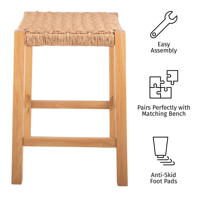 Newport 24"H Wood Counter Height Stool 24 with Handcrafted Woven Rope Seat, Natural