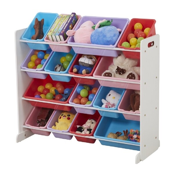 wooden toy storage with plastic bins