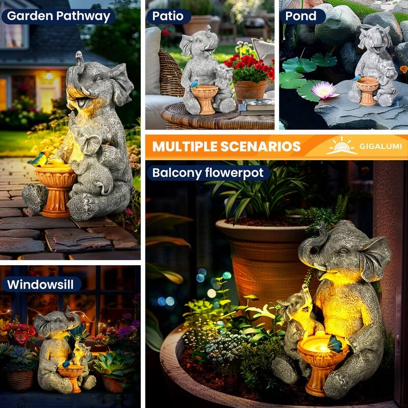 Solar Elephant Bird Bath for Outdoor Garden Decor with LED Lights - 6 in. x 6 in. x 9 in.