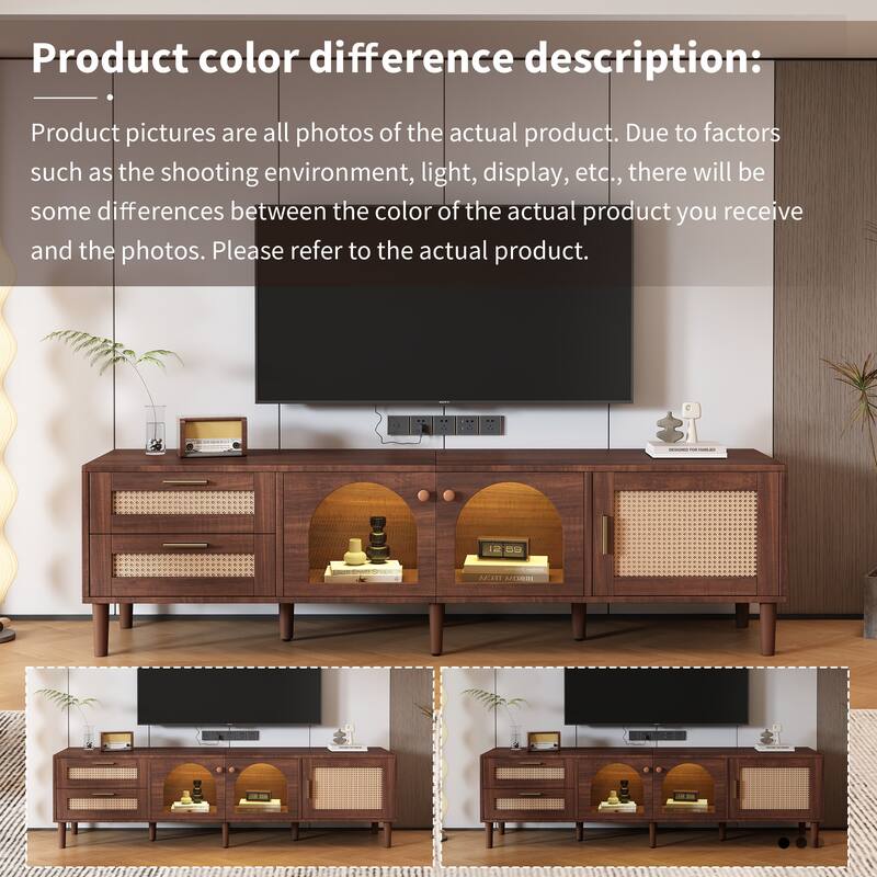 Rattan TV Stand with 3 Cabinets & 2 Drawers, LED Media Console for TVs up to 80'', Modern Storage Entertainment Center