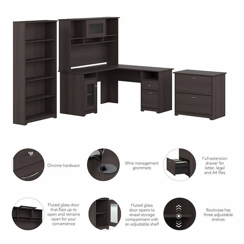 Cabot 60W L-Desk with Hutch, Cabinet and Bookcase by Bush Furniture