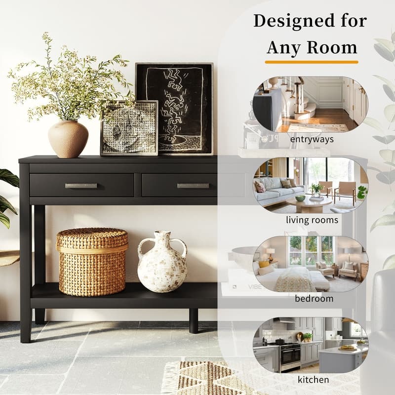 62.2" Modern Farmhouse Console Table with 3 Drawers & Open Shelf