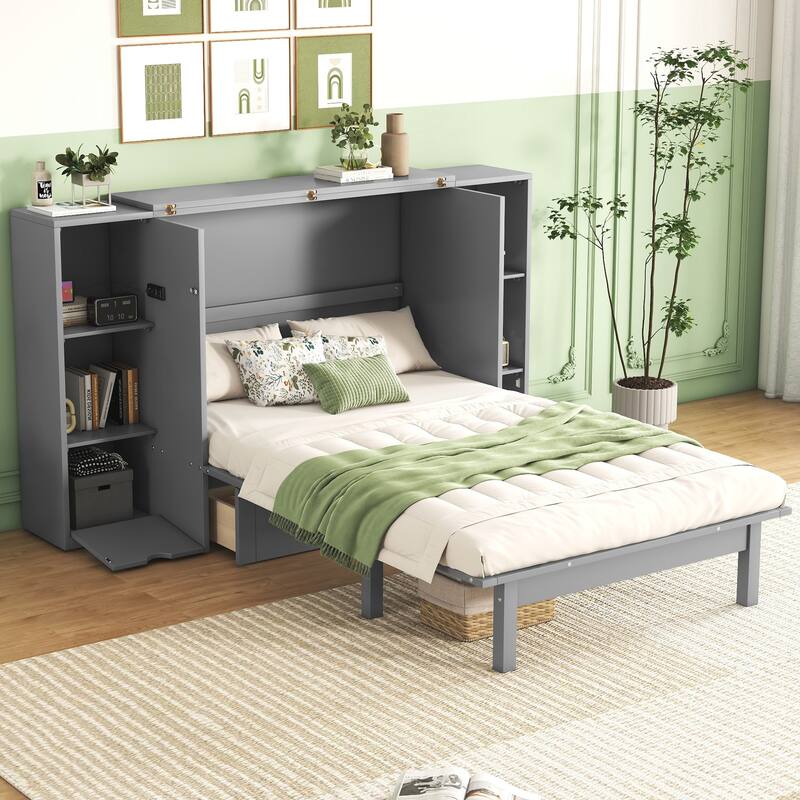 Space-Saving Queen Murphy Bed with Shelves, Drawers, and USB Ports - Gray