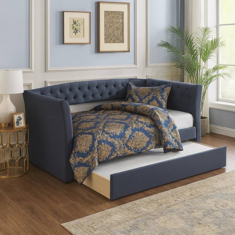 Alma Classic Wood Daybed with Trundle, Button Tufted, Charcoal Burlap