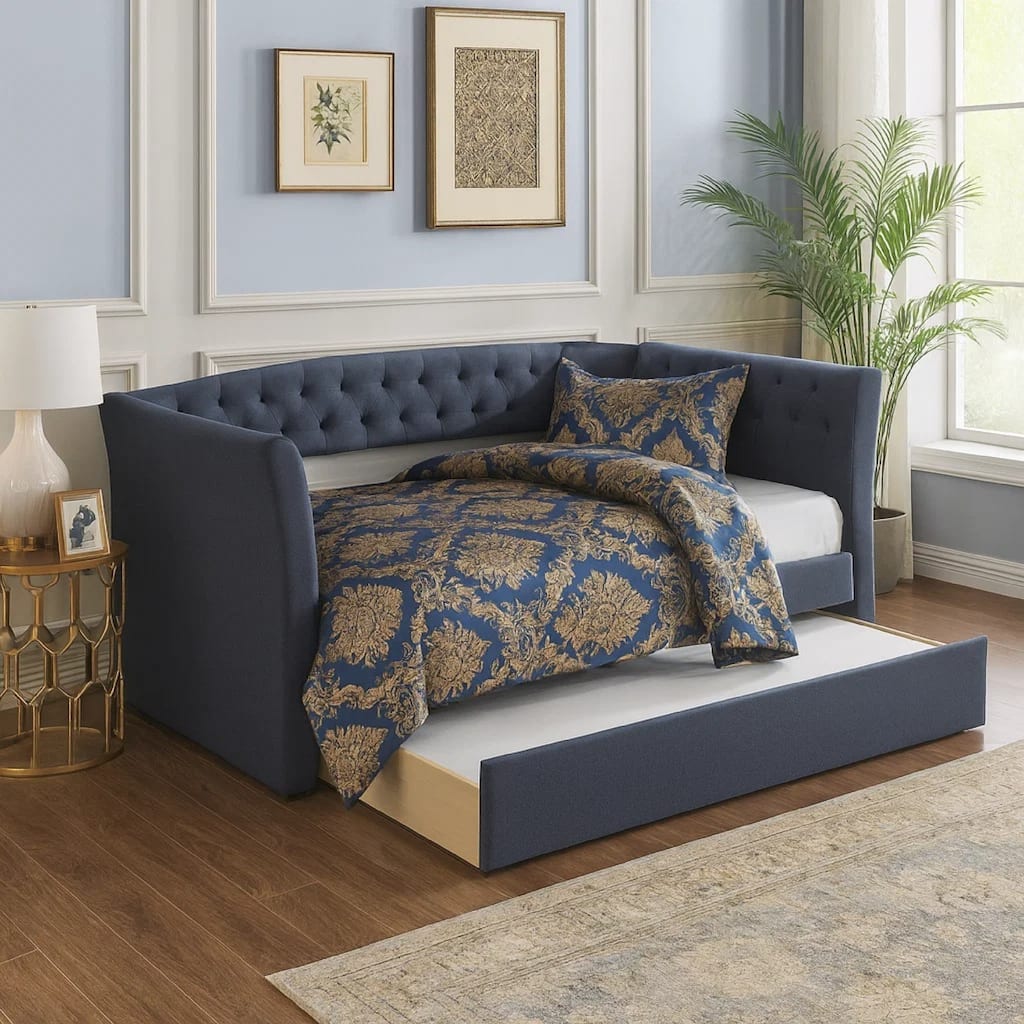 Alma Classic Wood Daybed with Trundle, Button Tufted, Charcoal Burlap