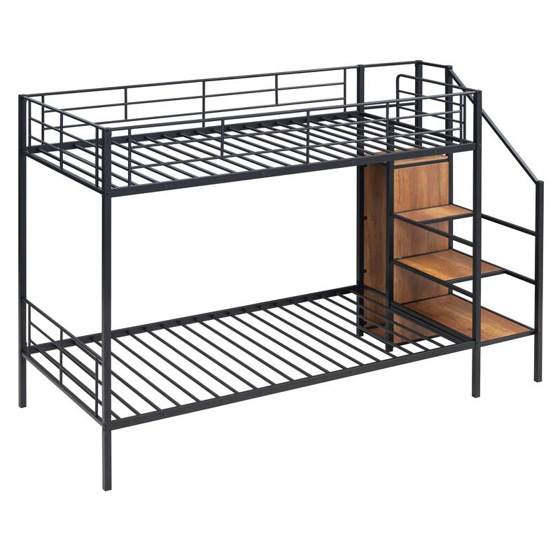 Twin Over Twin Metal Bunk Bed with Storage Ladder and Wardrobe, Space-Saving Design
