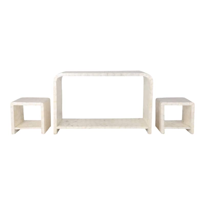 Wood Shell Console Table Coastal Curved Design (Set of 3) - 30" Ivory - 47" x 19" x 29.5"