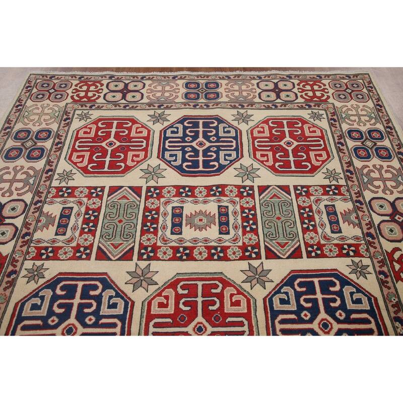 Hand Knotted Oriental 100% Wool Carpet Traditional All-Over Beige & Ivories Kazak Area Rug - 9' 7'' X 6' 6''