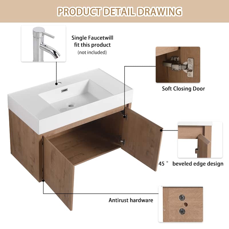 ARTCHIRLY 24"/30"/36" Bathroom Vanity with Sink, Floating Bathroom Vanity with Soft Close Door
