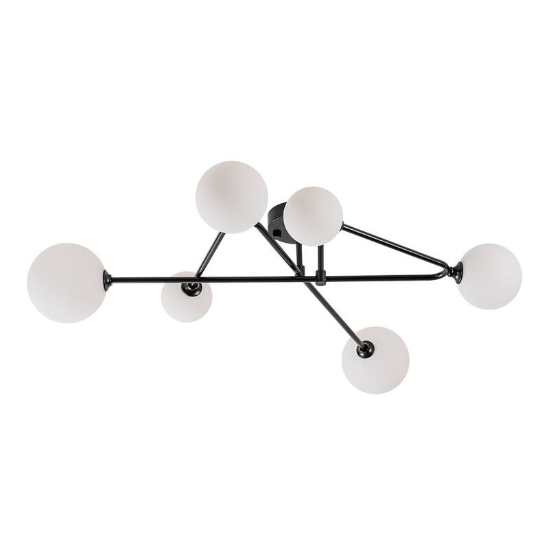 6-Light Brass Geometric Arm Opal Glass Globe Semi Flush Mount