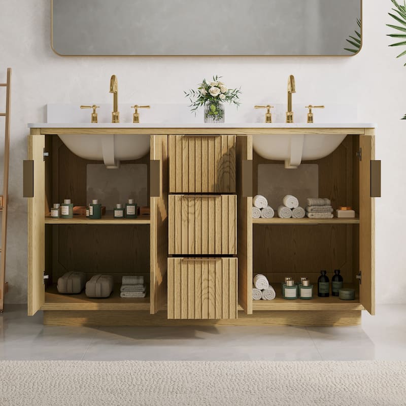 35''H Solid Wood Bathroom Vanity With Stain-resistant Carrera White Quartz Top and Sink