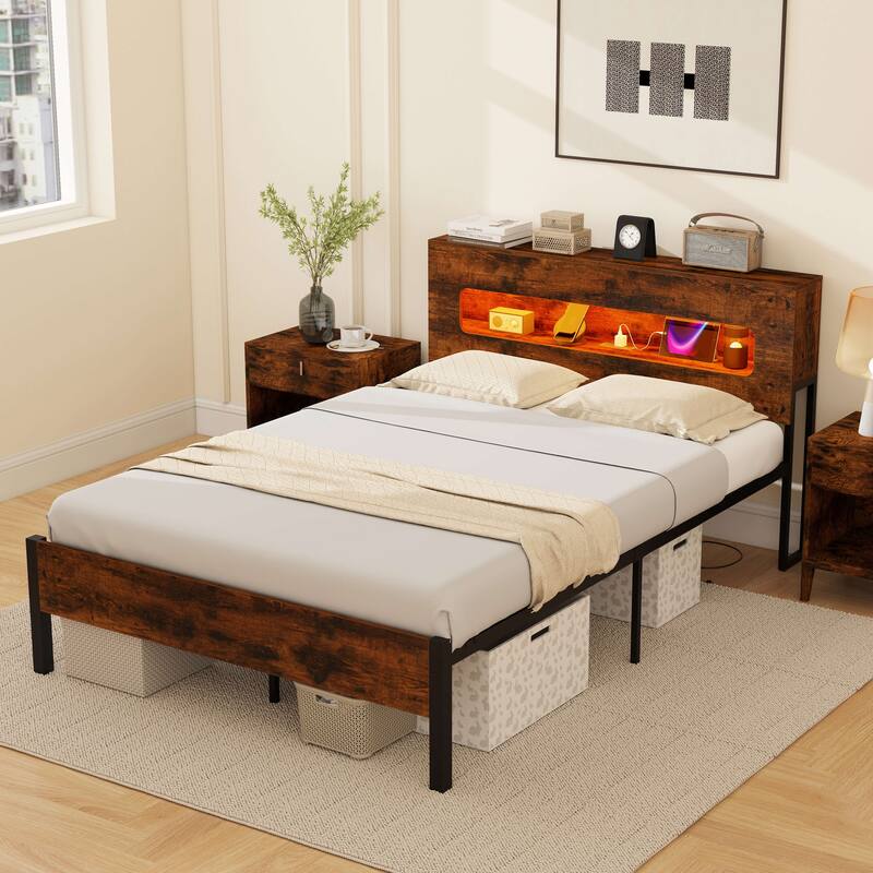 Costway Full Bed Frame with LED Lights Storage Headboard Power Outlets