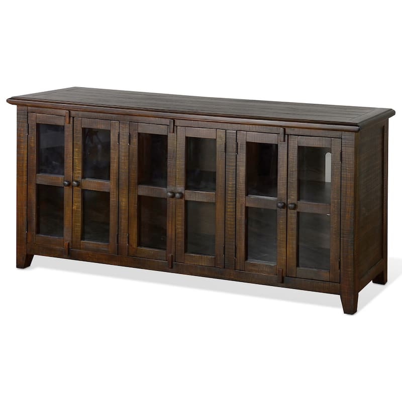 Yael TV Media Console, 6 Shelves, Glass Doors, 70 Inch Dark Brown Wood