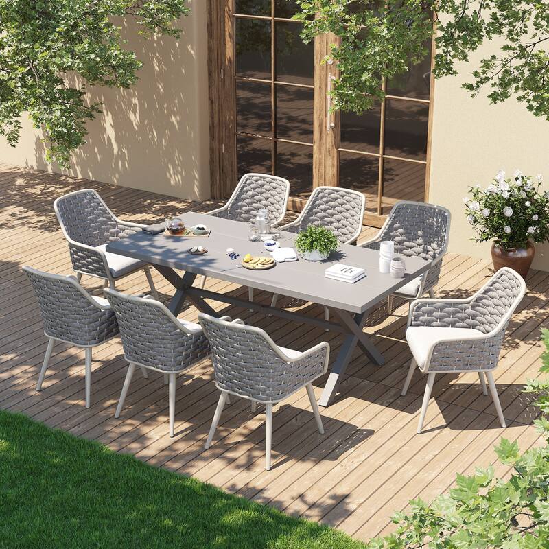 Outdoor Patio Dining Sets with Handwoven Rope Chairs and X-leg Aluminum Dining Table for 8 Persons