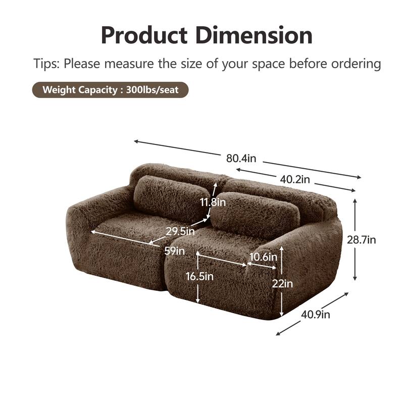 Roomfitters 2-Seater Modular Plush Sectional Sofa, No Assembly High-Density Sponge Couch with Pillows
