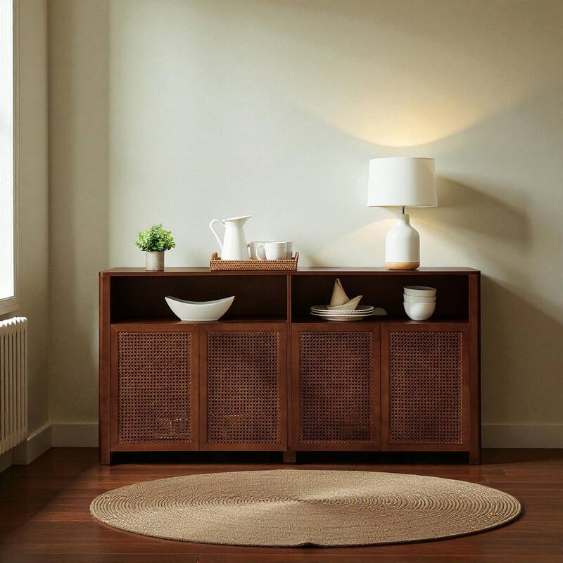 63" Mid-Century Modern Rattan Sideboard Buffet Cabinet with Adjustable Shelves, Storage Credenza for Living Room - Walnut