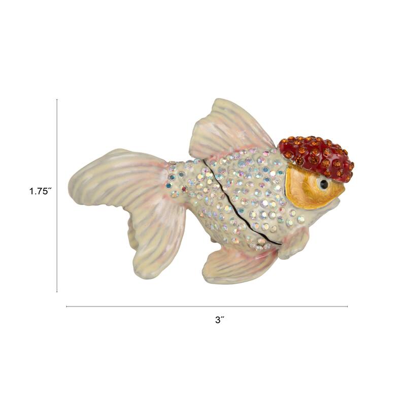 Enameled Goldfish-Shaped Metal Trinket Box with Jewels - 1.75"L x 3.13"W x 1.75"H