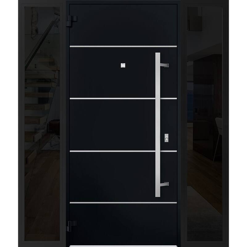 Front Prehung Steel Door 6083 Black Enamel Top Window Sidelite Stainless Inserts W36xH80+16 Lh I Bedroom Door Bathroom Door