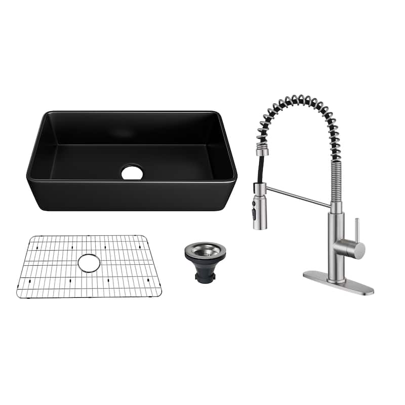 Farmhouse/Apron-Front Single Bowl Fireclay Kitchen Sink with 3-Function Pull-Down Kitchen Faucet, Grid, and Basket Strainer - 36" Matte Black Sink + Brushed Nickel Faucet - 36 x 18 x 10