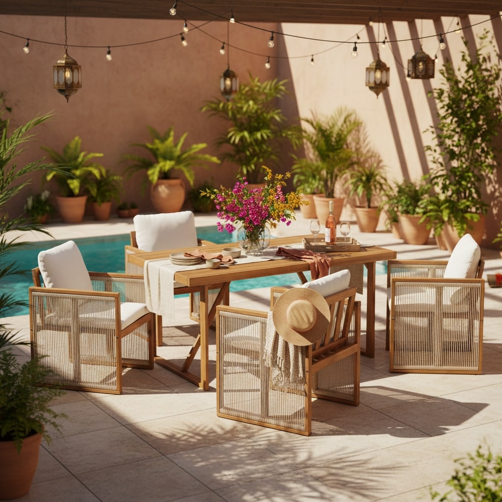 Christopher Knight Home - Modern Outdoor Acacia Wood Dining Set with Cushions and Handwoven Rope Chairs