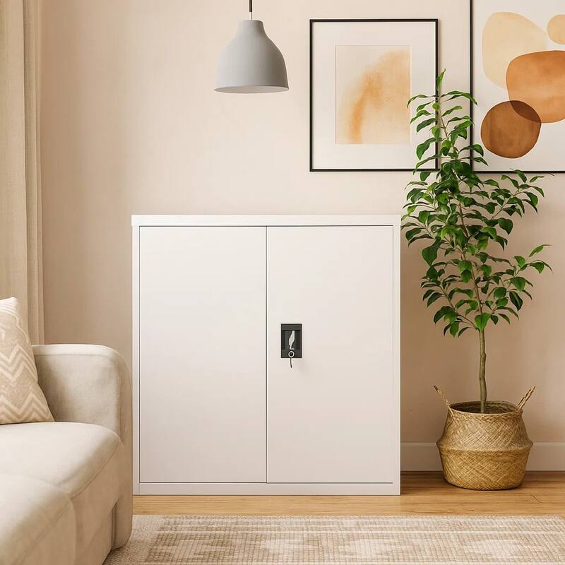 Filing Cabinet, Matte Gray Steel Body, 2 Adjustable Shelves, 35 Inch