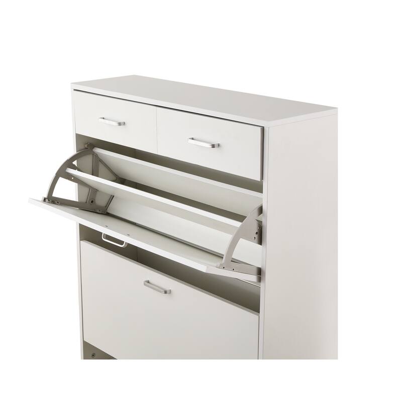 Shoe Cabinet with 2 Flip Drawers & 2 Drawers, Free Standing Tipping Bucket Organizer, Shoe Rack with Adjustable Shelves