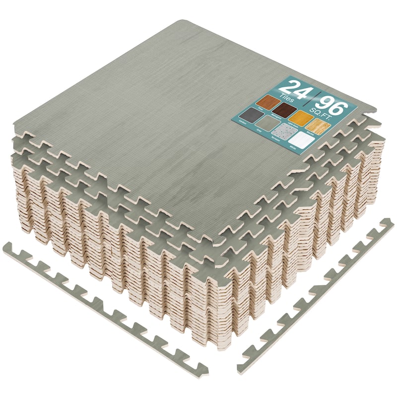 Sorbus 96 Sq. Ft. Wood Grain Floor Tiles Foam Mat EVA Interlocking Mats Tile 3/8-Inch Thick Exercise Mats w/Borders - Light Grey