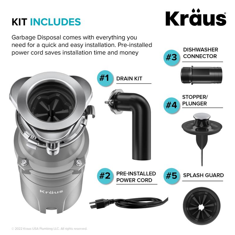 KRAUS WasteGuard Continuous Feed Garbage Disposal for Kitchen Sinks