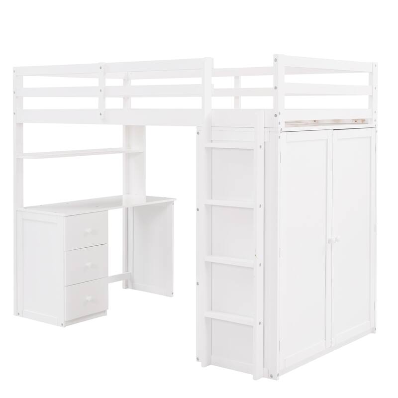 Twin/Full Size High Loft Bed with Built-in Desk and Wardrobe, Wooden Loftbed Bedframe with 3 Drawers, for Kids, Teens, Adults