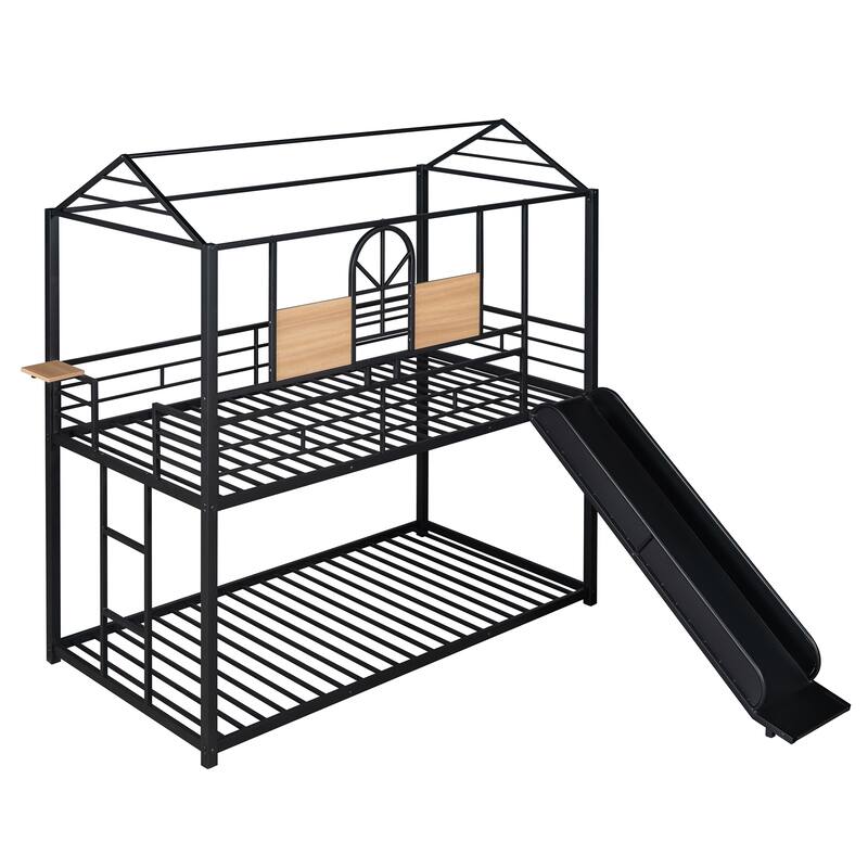 Twin Over Twin Metal Bunk Bed with Slide, Playhouse Design