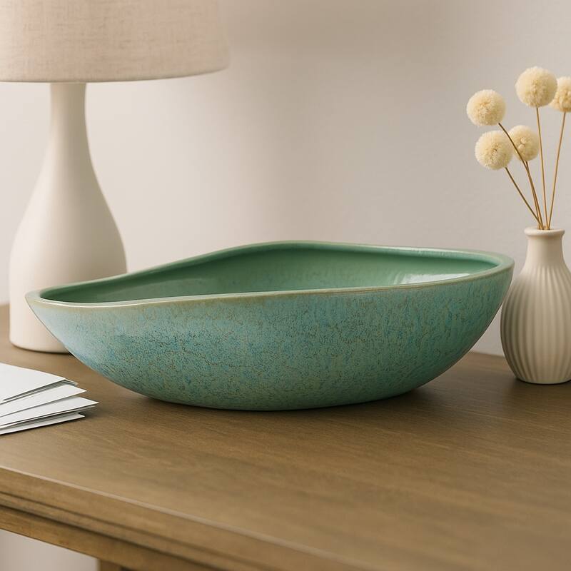 Decorative Oval Ceramic Bowl - Abstract Pattern - 18", Green - 18.0" - Green - 18.0"