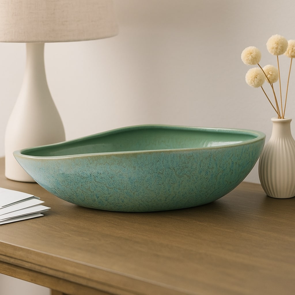 Decorative Oval Ceramic Bowl - Abstract Pattern - 18", Green - 18.0"