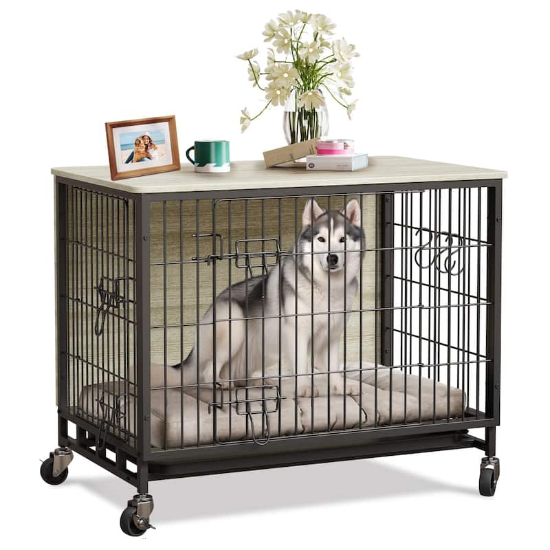Dog Crate Furniture with Wheels, Indoor Kennel Table for Medium Dogs - Gray and Black - Standard