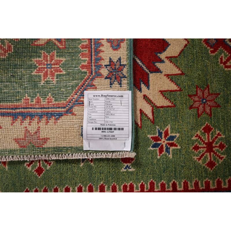 Light Green Kazak Oriental Foyer Rug Hand-Knotted Wool Carpet - 2'9" x 4'1"