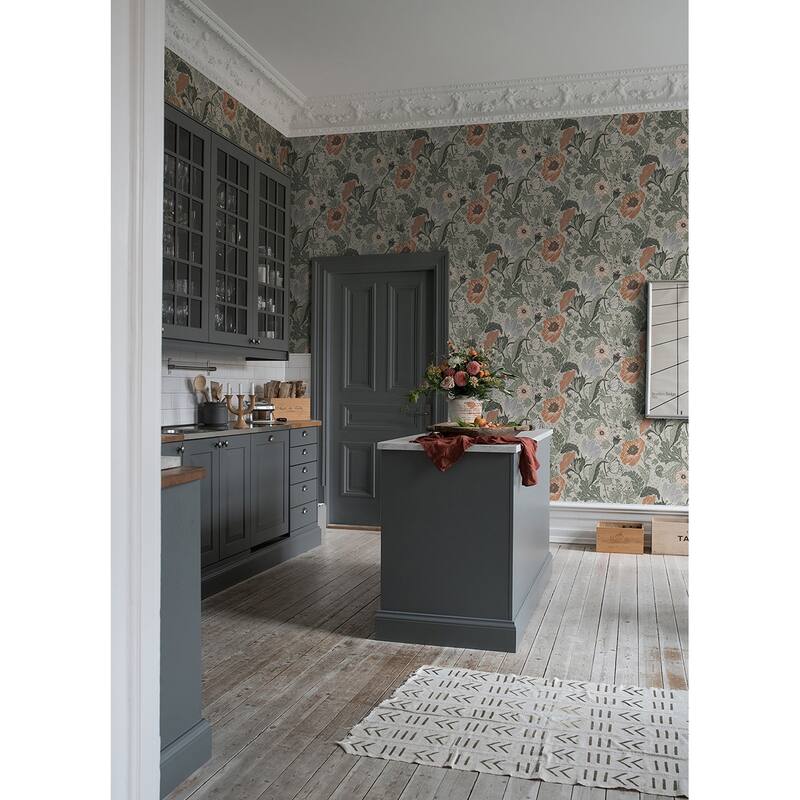 Malakoff, Anemone Light Grey Floral 33 ft L X 20.5 in W, Wallpaper.