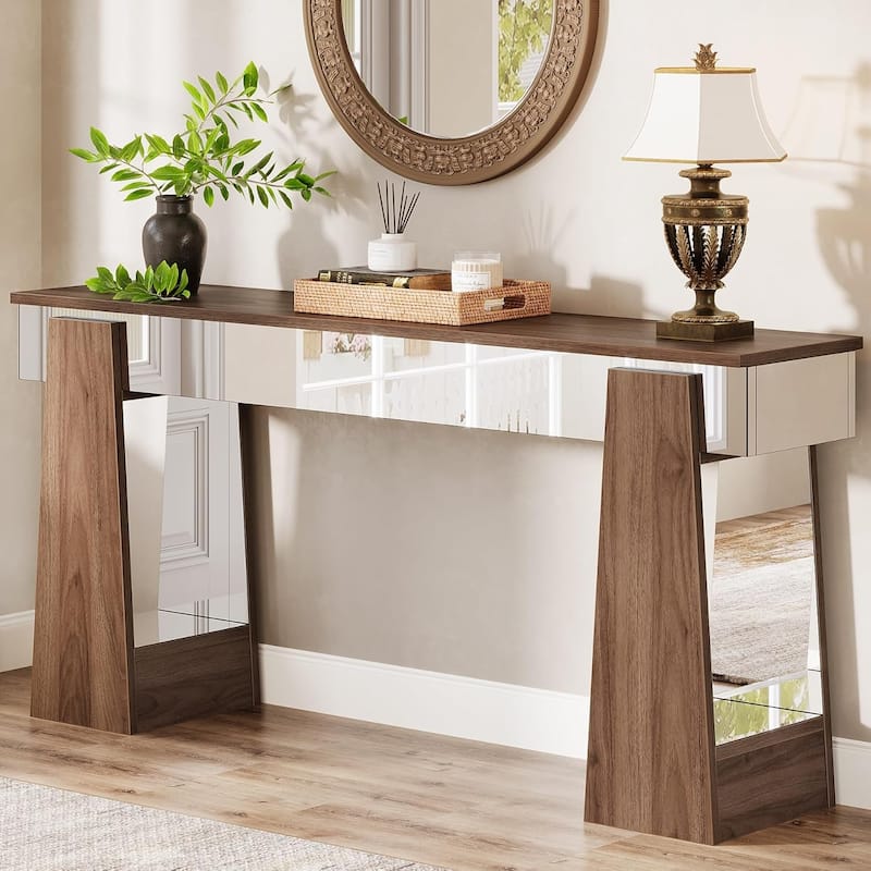 Mirrored Console Table, Farmhouse Wooden Entryway Table with Thickened Legs