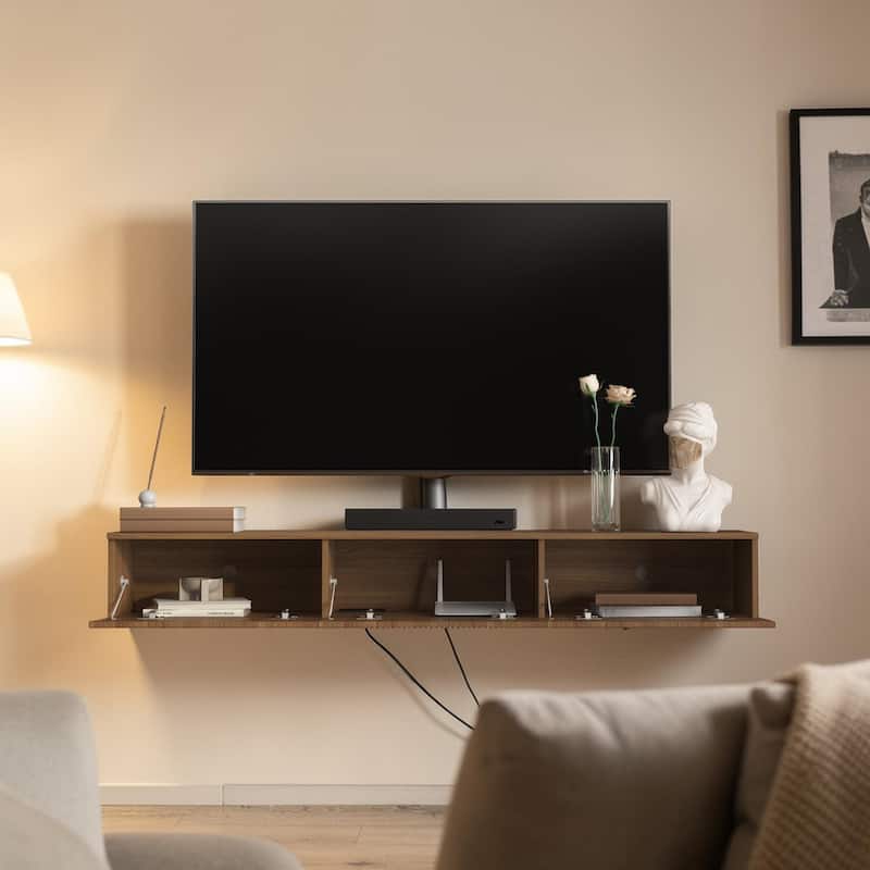 65" Floating TV Stand Wall Mounted with 16 Color LED Lights, Modern TV Cabinet for 55-65 Inch TVs