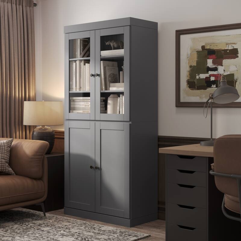 Palace Imports 100% Solid Wood 6-Shelf Bookcase with Clear Glass, Shaker Doors and Adjustable Shelves - Gray