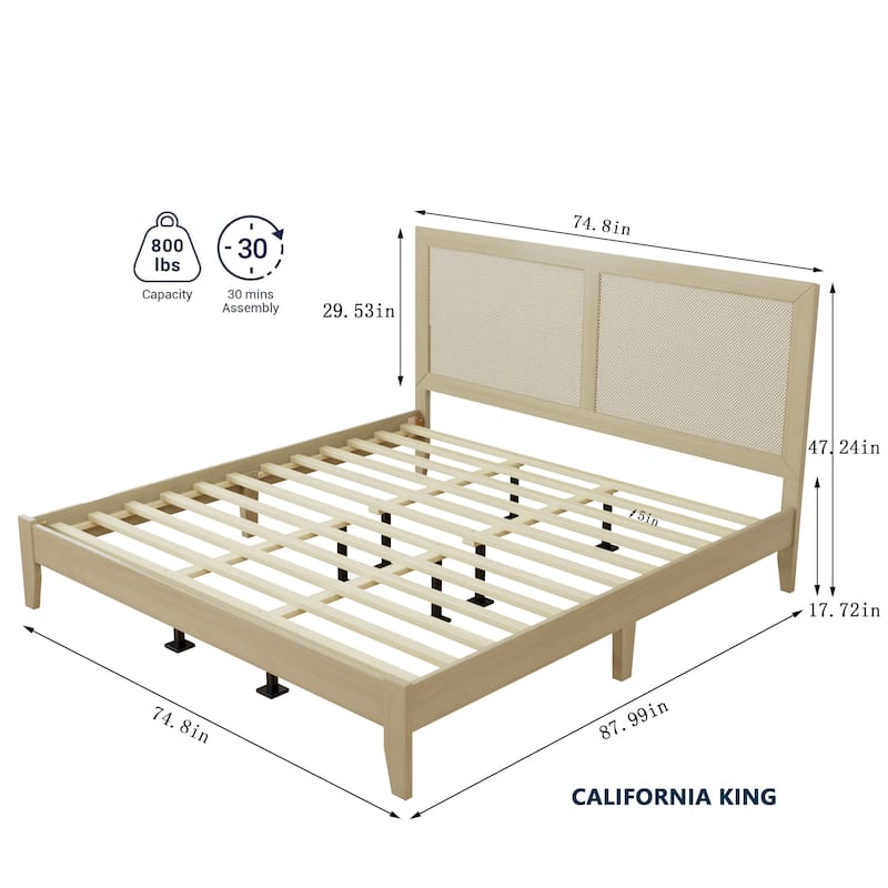 Eudoca Mid-Century Wood Bed Frame with Rattan Headboard BED by Christopher Knight Home