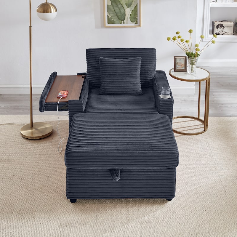 Fluffy Corduroy Lazy Sofa Chaise Lounge with Accent Chair, Storage Ottoman, Folding Table Board, Cup Holder and USB
