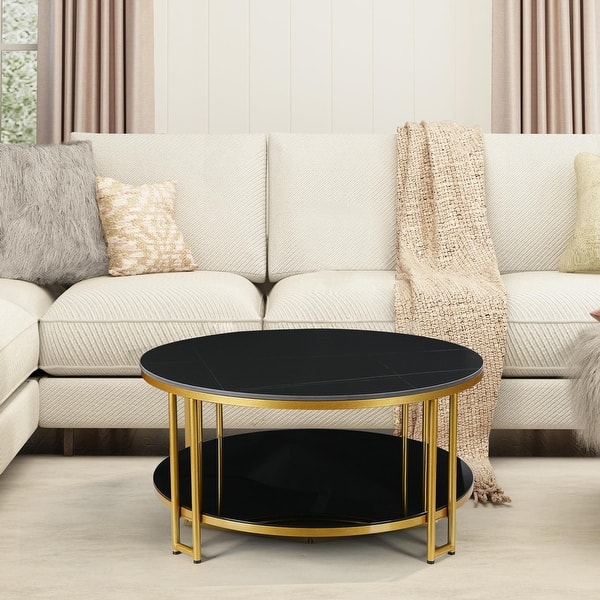 Marsie Modern Round Marble Coffee Table Twotier Black Gold Tempered