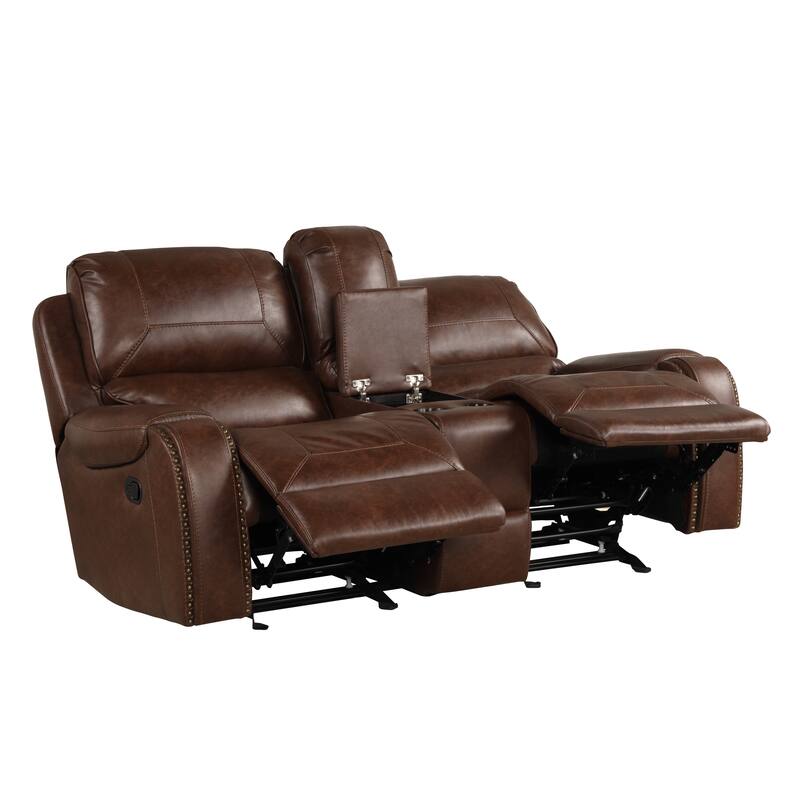 Brown Leather-Air Nailhead Manual Reclining Loveseat With Storage Console